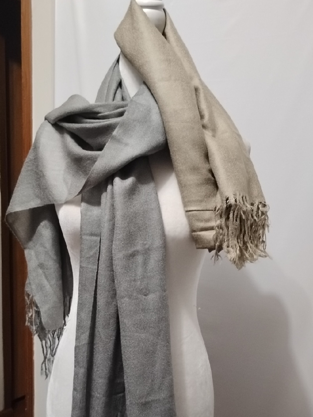 Pashmina Wrap Shawl Fring Cozy Scarf - Light Gray &‎ Beige (2)